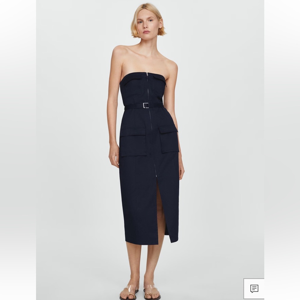Mango Navy Belted Strapless Dress
